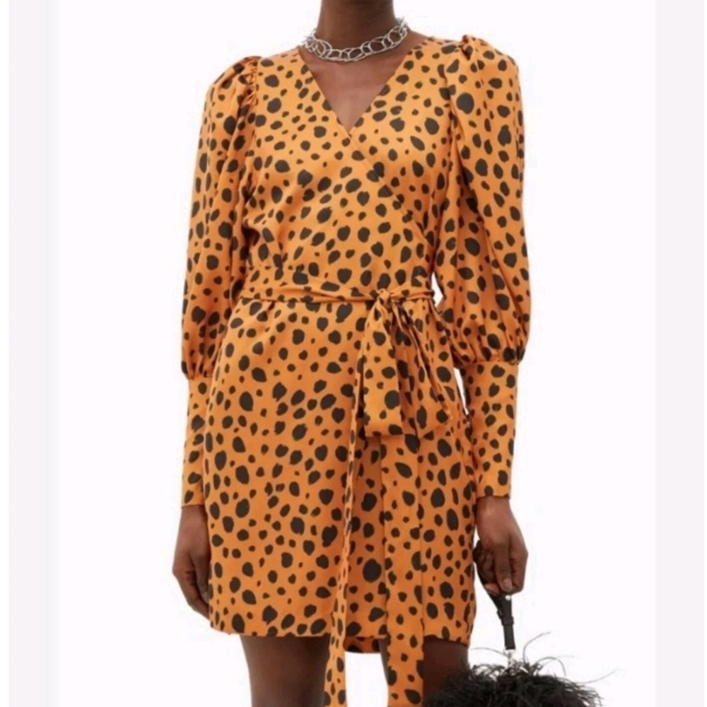 Rhode Frankie Mini Wrap Long Sleeve Satin Leopard Orange Size Medium